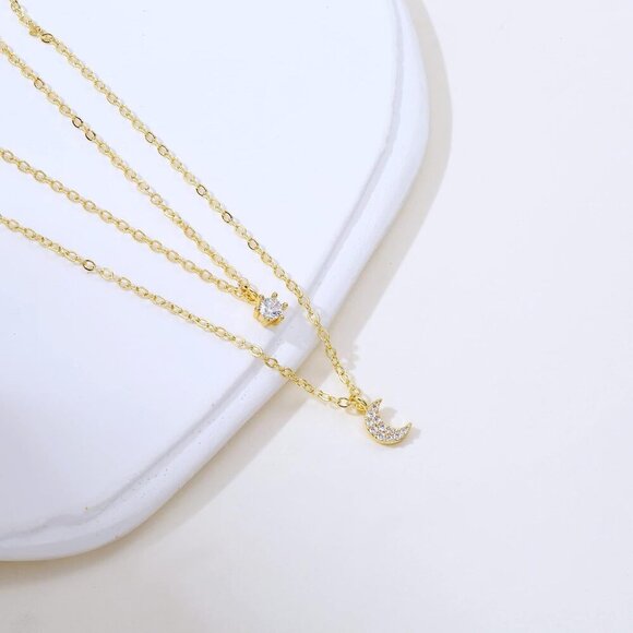 Layered Gold Necklace for Women 14K Plated Moon Pendant Cubic Zirconia Jewelry - Picture 6 of 7